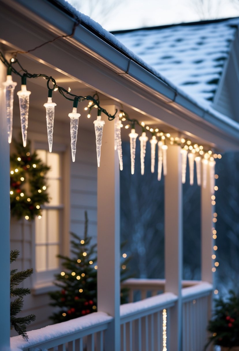 Icicle string lights hanging from the eaves of a snowy front porch in winter.